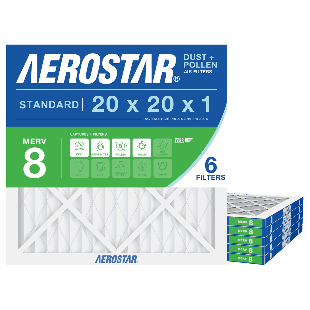Aerostar 20x20x1 MERV 8 Air Filter, Pleated AC Furnace HVAC, Dust Pollen Pet Dander, 6 Pack