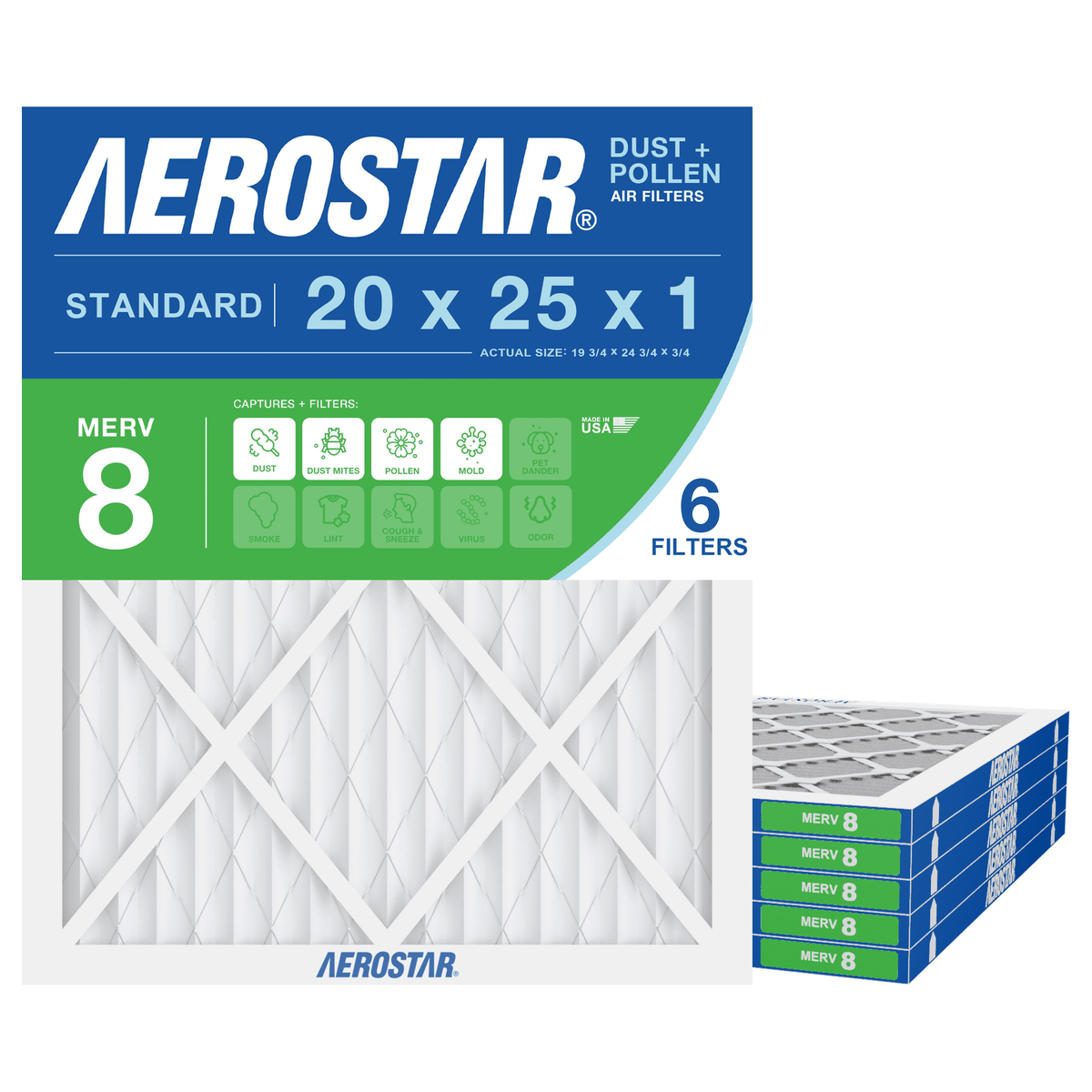 Aerostar 20x25x1 MERV 8 Air Filter, Pleated AC Furnace HVAC, Dust Pollen Pet Dander, 6 Pack