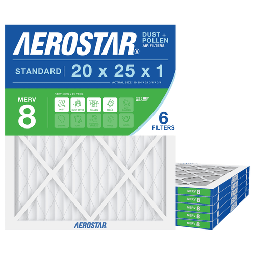 Aerostar 20x25x1 MERV 8 Air Filter, Pleated AC Furnace HVAC, Dust Pollen Pet Dander, 6 Pack